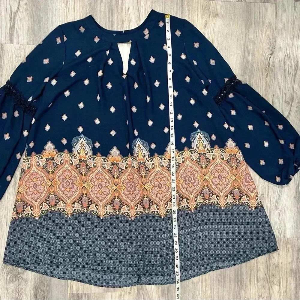 Hint of Mint 3/4 Sleeve Navy Paisley Tunic Top Flowy Boho Hippie Dress Size XL - Picture 2 of 7